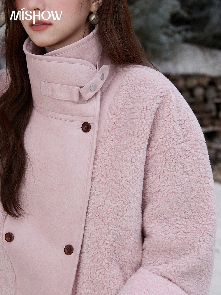 MISHOW Pink Jacket 2025 Winter French Style Double-Collar Patchwork Coat Windproof Warm Coats（Scarf Not Included ）MXE87W0978