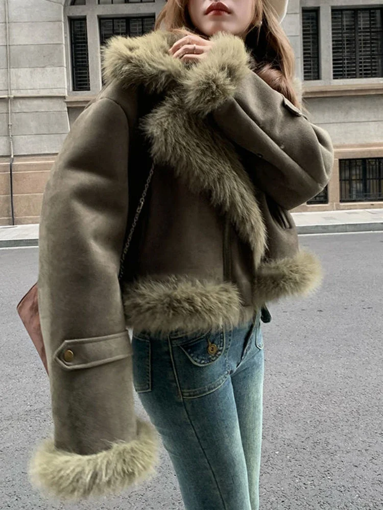 Winter Warm Faux Suede Leather Jacket Women High Street Irregular Biker Zipper Leather Jacket Streetwear Cropped Leather Coat