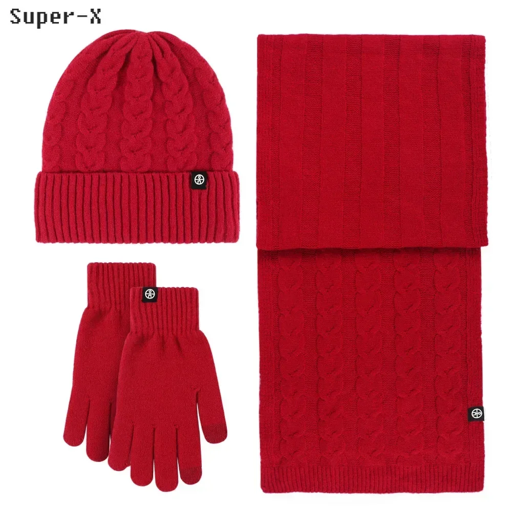 3pcs Women Winter Long Scarf  Beanie Hat Gloves Set Solid Color Fushia Red Yellow Winter Cap Thick Warm Double Layers