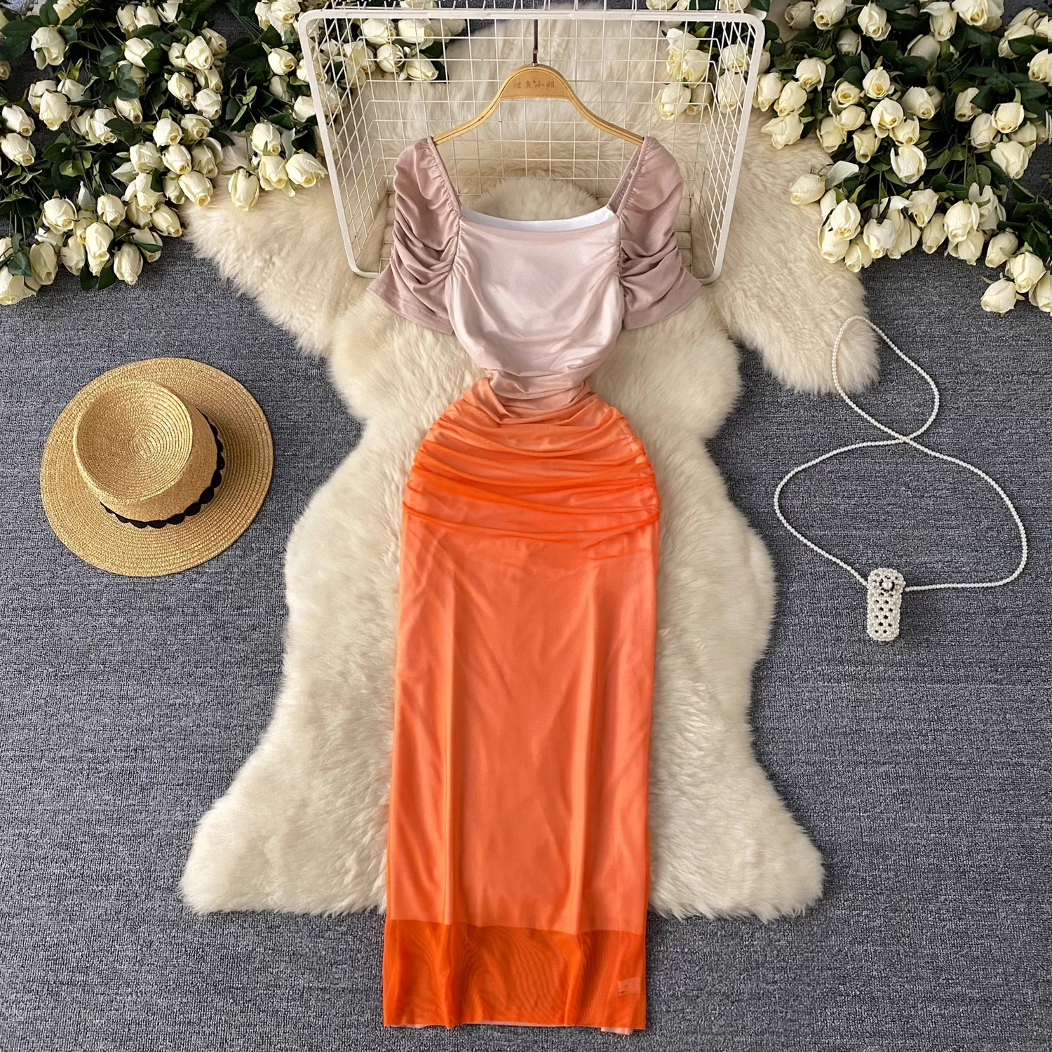 Retro Elegant off shoulder mesh dress pleated korean fashion sweet High Waist Beach Women Summer slim dresses