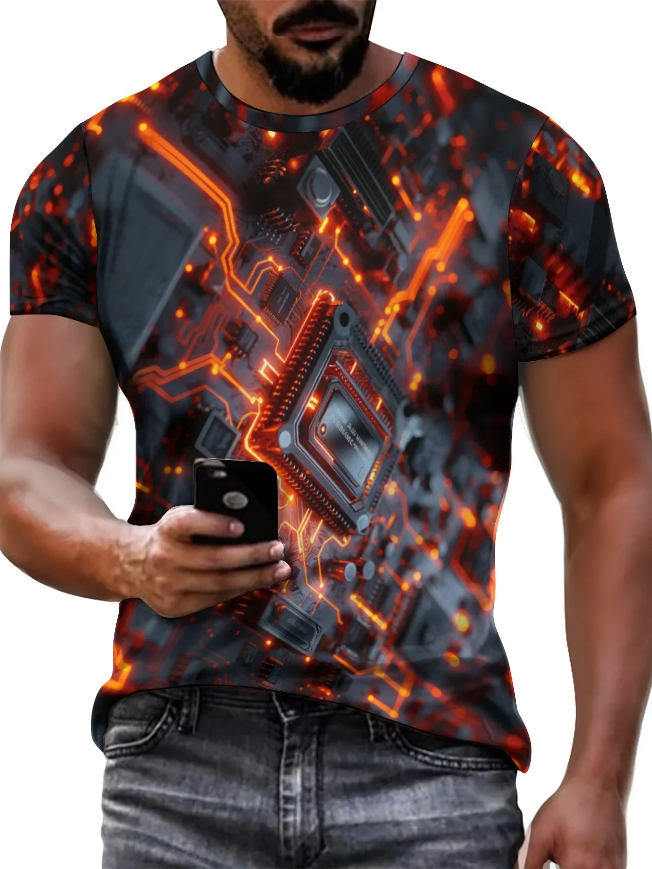 Men's Graffiti Circuit Board Graphic T-shirt, Casual, Micro-Stretched, Breathable, Outdoor Wear, Summer, New, 2024 Comfort