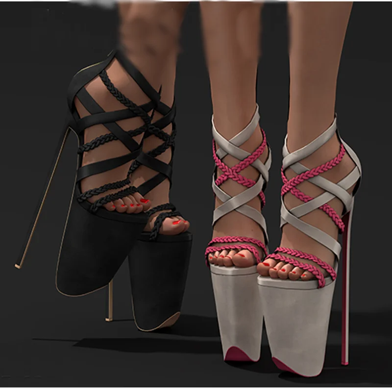 Black Hollow Cross Strap Zipper Sandals Platform Thin High Heel Fashion Cool 2024 Summer Big Size Woman Shoes Zapatillas Mujer