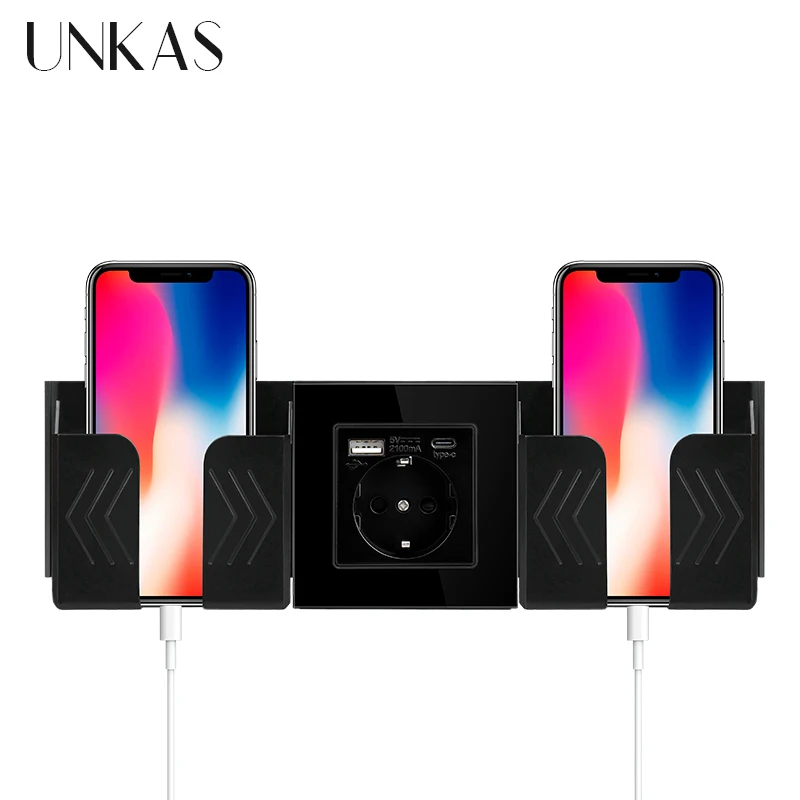 UNKAS Type-C USB Tempered Glass Panel Grey EU / Spain / Russia Wall Power Socket Grounded With Fast Charger Outlet Save Child