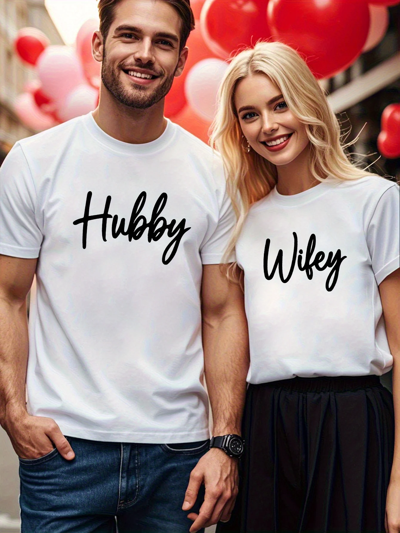 

Valentine's Day Couple T Shirts Single Pack Happy Wife Matching Casual Short Sleeve Top with Hubby Wifey Print Machine Washable