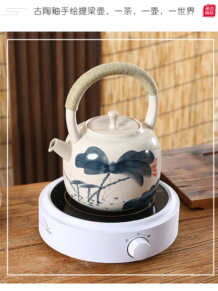 Teapot Loop-Handled Hand-Painted Ceramic Kettle Tea Pot Tea Brewing Pot Open Fire Pot Electric Ceramic Stove Pot Archaized Pot