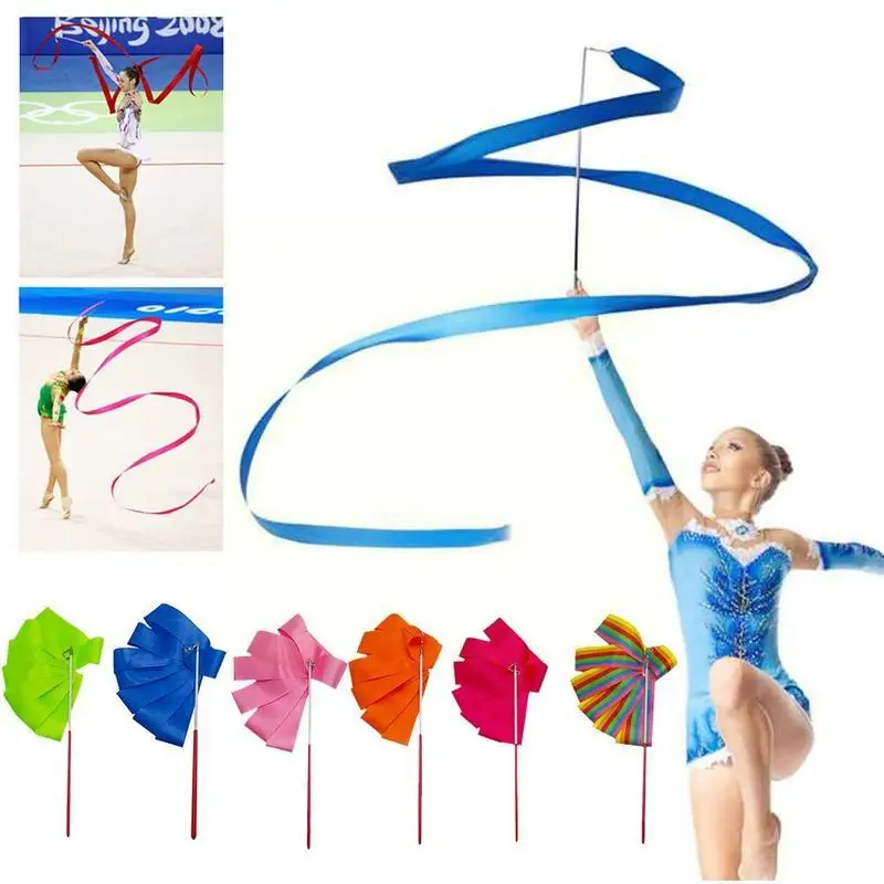 2m/4m Ribbons Dance Ribbon Rhythmic Colorful Art Gymnastics Ballet Training Twirling Rod Stick Rainbow Streamer H0C1