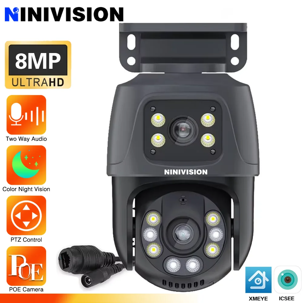 

360 ° PTZ 8MP 4K IP-камера с двумя объективами POE PTZ с двумя экранами Проводные камеры видеонаблюдения для умного дома Обнаружение человека CCTV ICsee
