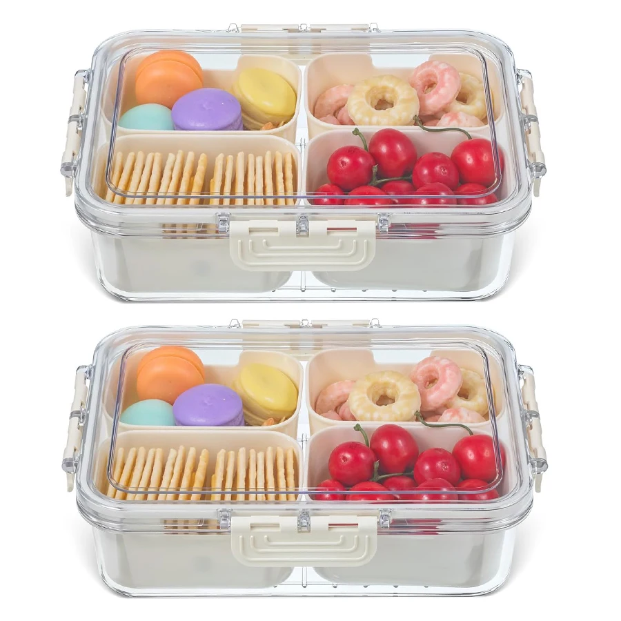 Geteiltes Serviertablett mit Deckel – Snack-Box-Behälter für tragbare Snack-Teller – transparenter Organizer für Süßigkeiten, Lunch-Bento-Box
