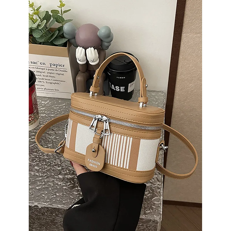 Korean Color Contrast Striped Canvas Splice Handbag Women High-end Fashion Mini Square Bag Casual Single Shoulder Crossbody Bag