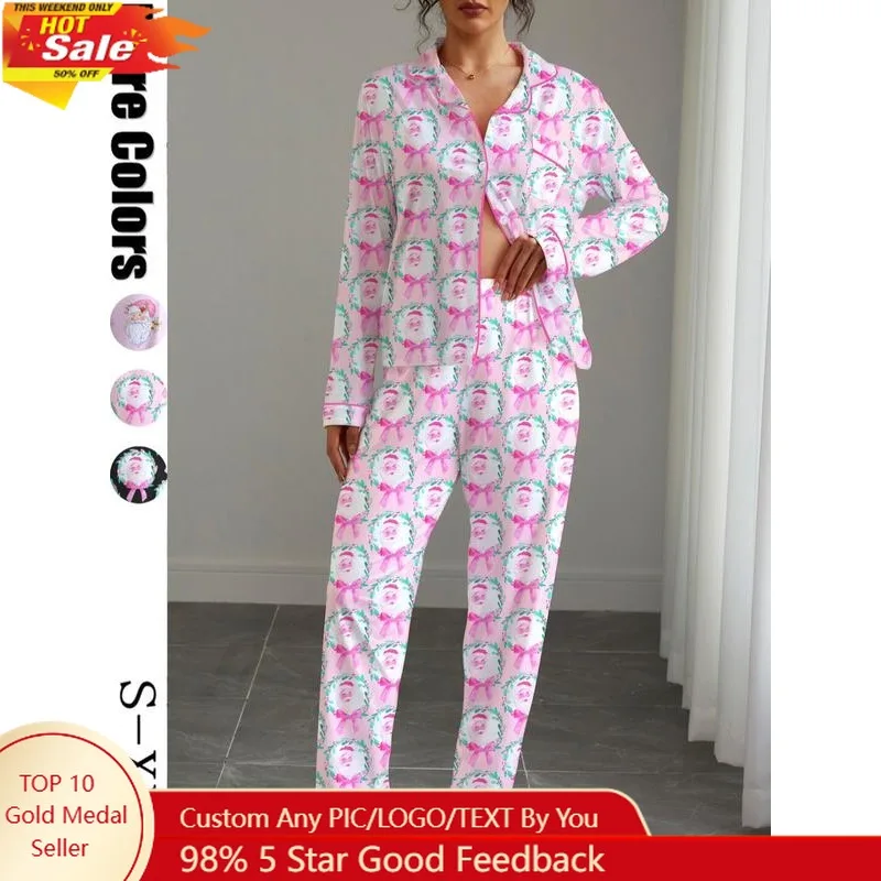 

Рождественский женский пижамный комплект с принтом, приталенная рубашка с длинным рукавом и эластичные брюки, мягкая эластичная ткань, повседневная домашняя одежда,