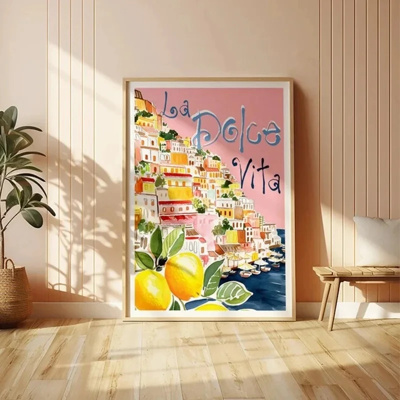 Retro La Dolce Vita Lemon Santorini Italy Travel Landscape Cartoon Poster Canvas Painting Wall Art Pictures Home Decor