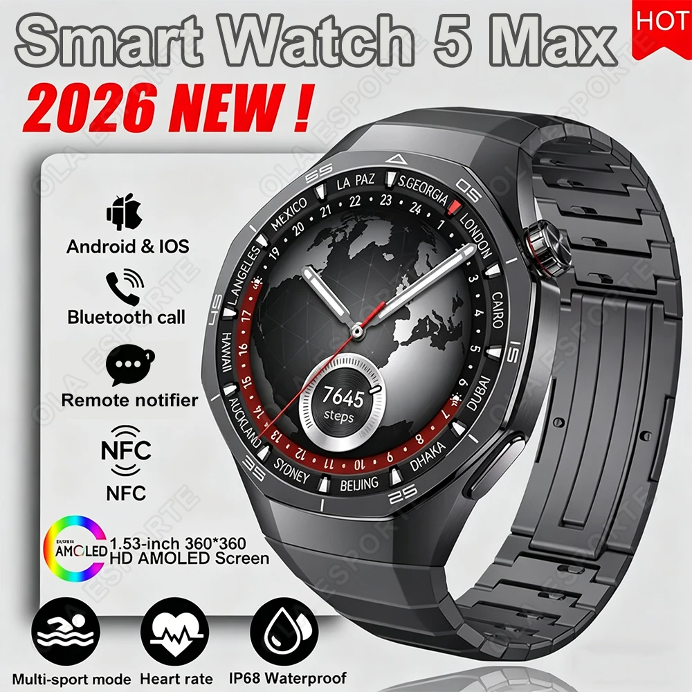 

Новые спортивные смарт-часы 2026 года 5 MAX с AMOLED-экраном, NFC, GPS-трекером, Bluetooth-звонками, функциями отслеживания здоровья, водонепроницаемые, для мужчин и женщин, HW12