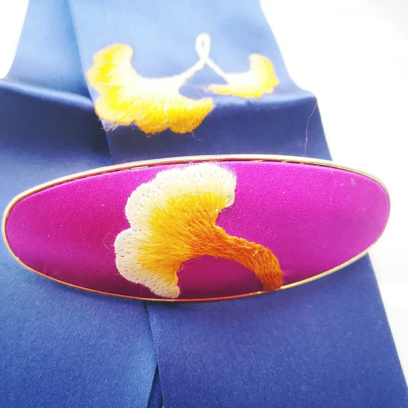 Elegant Purple Mulberry Silk Hair Clip Hand-Embroidered with Golden Ginkgo in New Chinese Style Hairgrips Chic Hair Accessories