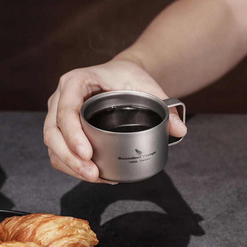 

Boundless Voyage Titanium Coffee Cup Double Wall Anti-scalding,Lightweight Camping Tableware Titanium Mug 100ml,Fixed Handle