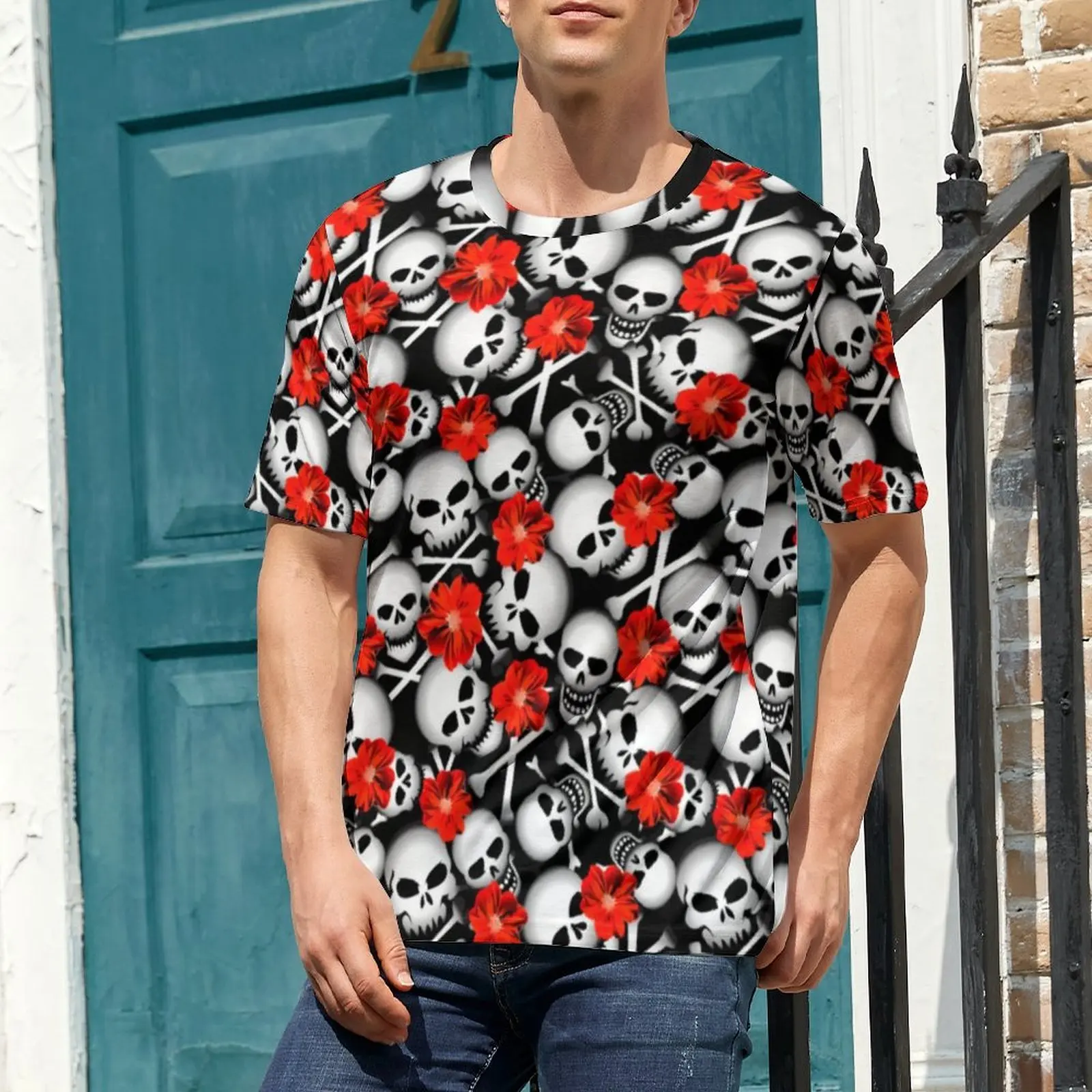 Sugar Skull T Shirt Red Flowers Print Novelty T-Shirts Men Funny Tee Shirt Summer Short Sleeve Design Tees Plus Size 5XL 6XL
