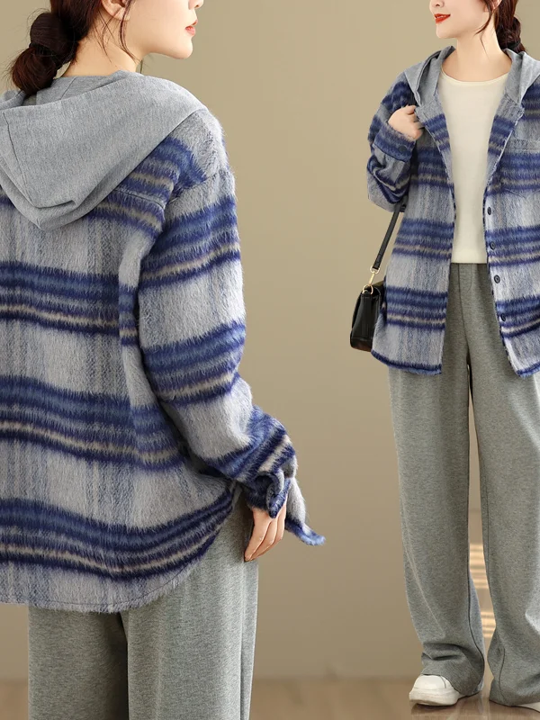 الخريف الشتاء منقوشة اللون الدم مقنعين Thiened الفانيلا عادية irt Sle المرأة Jaet معطف كسول Sle Faion ملابس خارجية