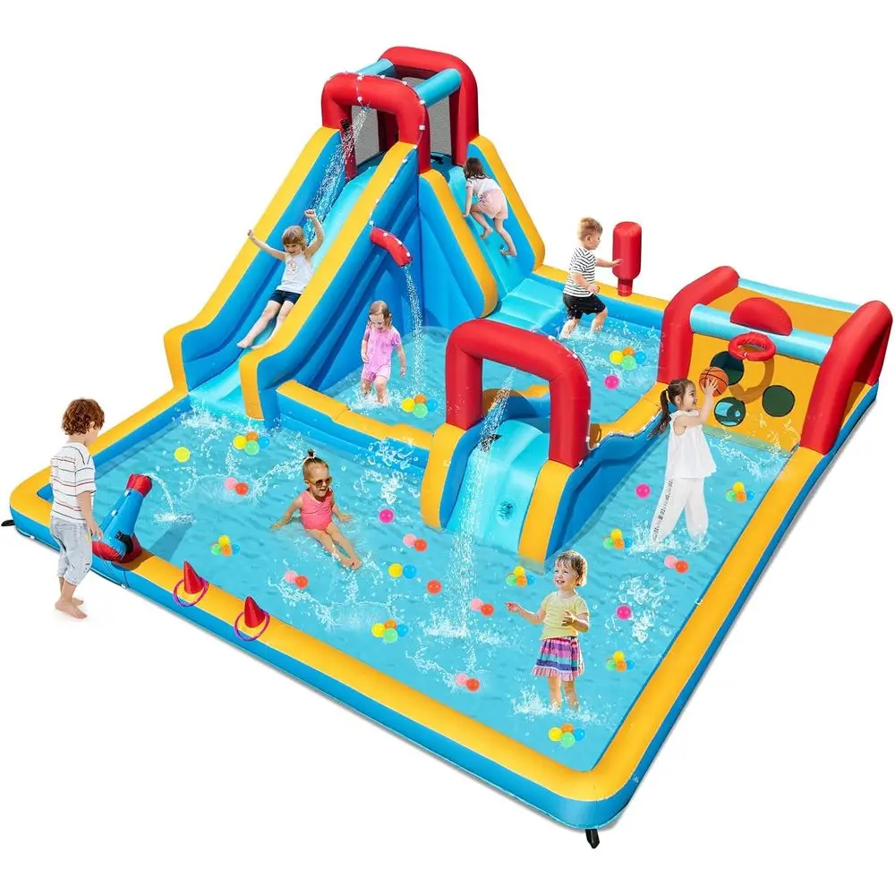 Dmuchana zjeżdżalnia wodna, gigantyczny park wodny z długą zjeżdżalnią/ścianą do wspinaczki/bokserską/gry celowniczej/do rzucania kółkami/kanonem wodnym, basen z wodnymi zabawami.