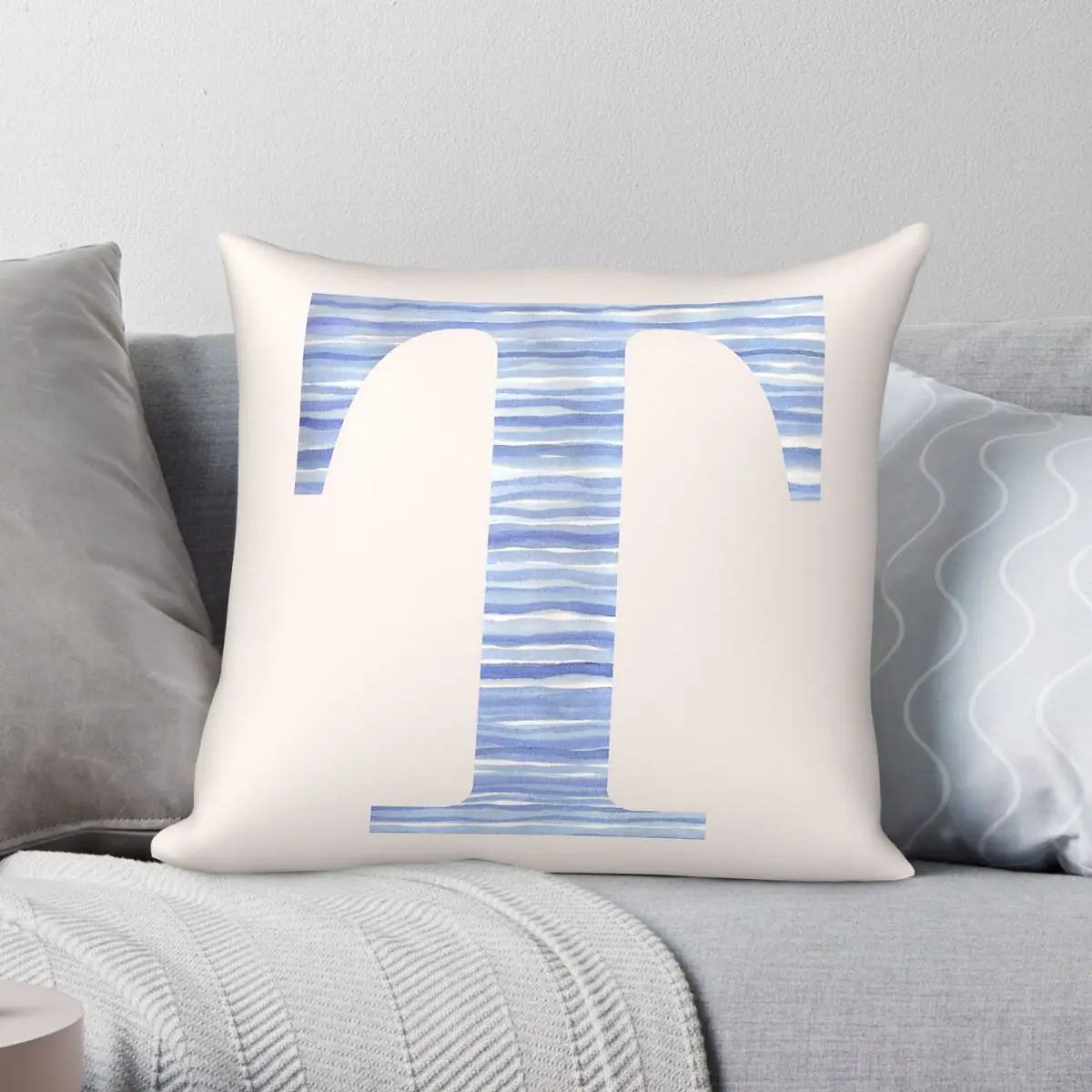 Letter T Blue Stripes Monogram Square Pillowcase Polyester Linen Velvet Printed Decorative Pillow Home Cushion Cover Wholesale