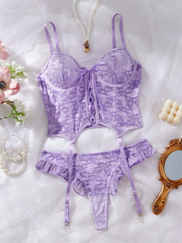 Fairy Sexy Lingerie Floral Lace Transparent Bra Set Purple Romantic Lingerie Garter Ruffles Underwear Beautiful Bandage Lingerie