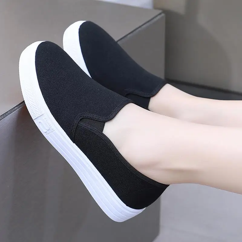 Beijing Canvas Shoes Women's Pure Color Slip-On Thick Bottom Work Shoes Casual Nurse Flat Heel round Toe Traditional Cloth Shoes