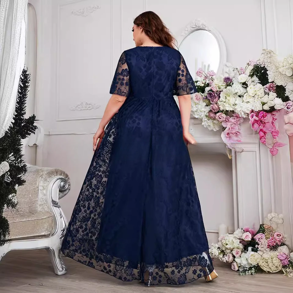 Elegant Lace Embroidery V-neck Short Sleeves Long Plus Size Formal