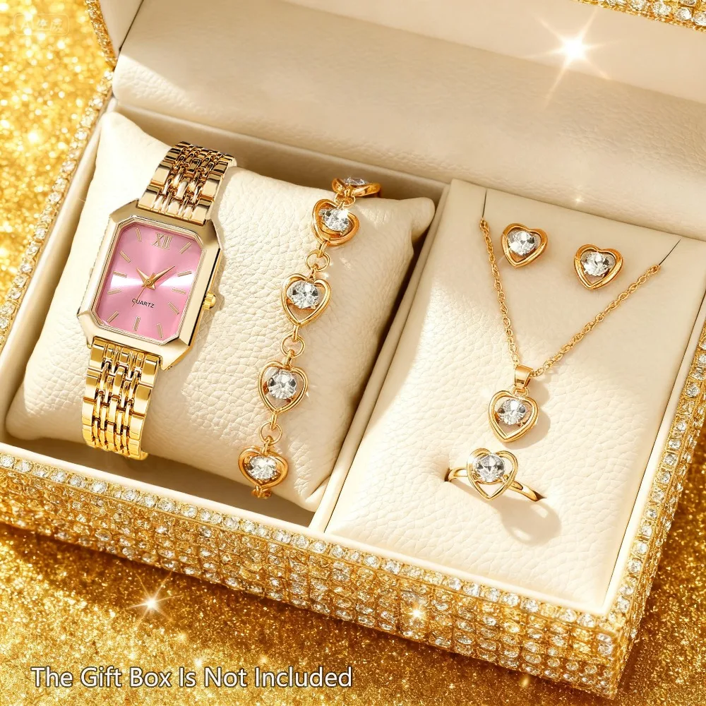 6pcs Women's Square Watch & Jewelry Set with Necklace, Bracelet, Earrings, Ring, Pendant (No Box) - Quartz Watch with Analog
