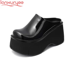 Lanxuryee Cow Leather Super High Slingback Mules Increase Summer Shoes Thick Bottom Fashion Vacation Casual Platform Women Pumps