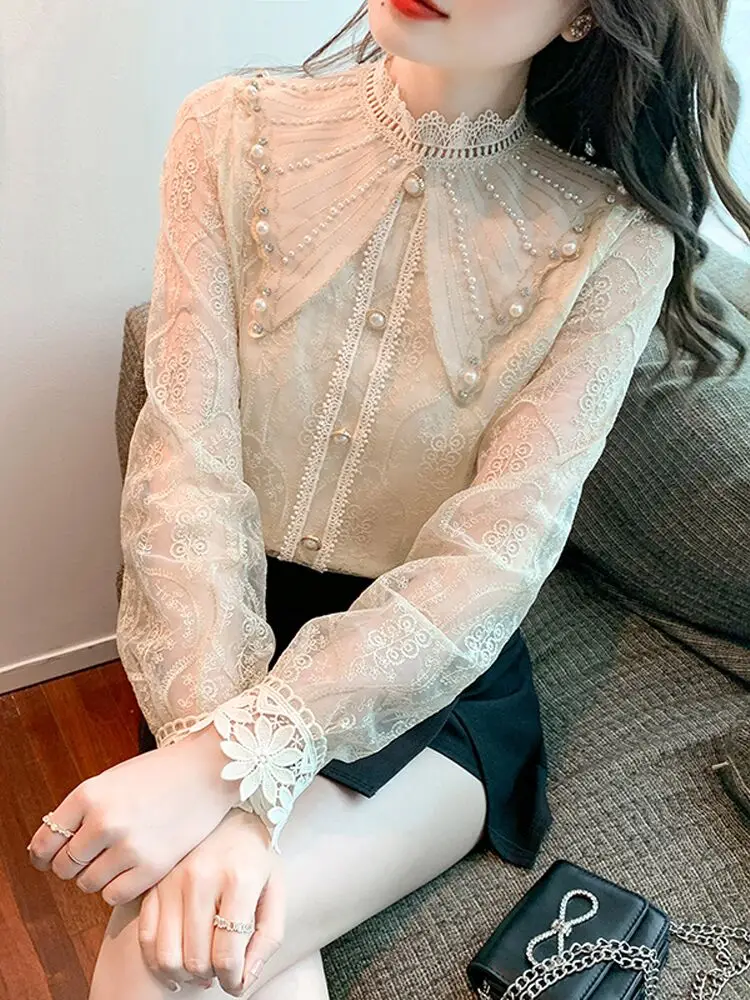 

French Elegant Lace Shirt2023 New Fall Women Clothing Luxury Chic Beads Embroidery Cute Doll Collar Long Sleeve Blusas Top Lady