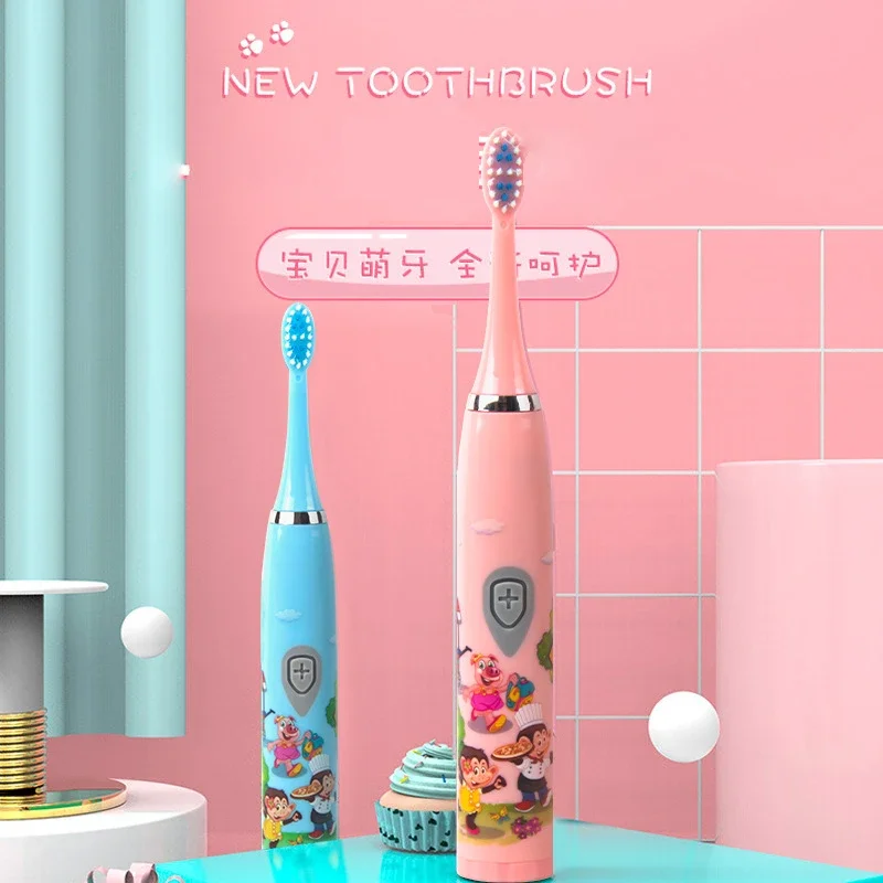 Kids Battery Electric Toothbrush with 3 Brush Heads Cartoon 360-Degree Cleaning Soft Oral Hygiene Massage Teeth Care