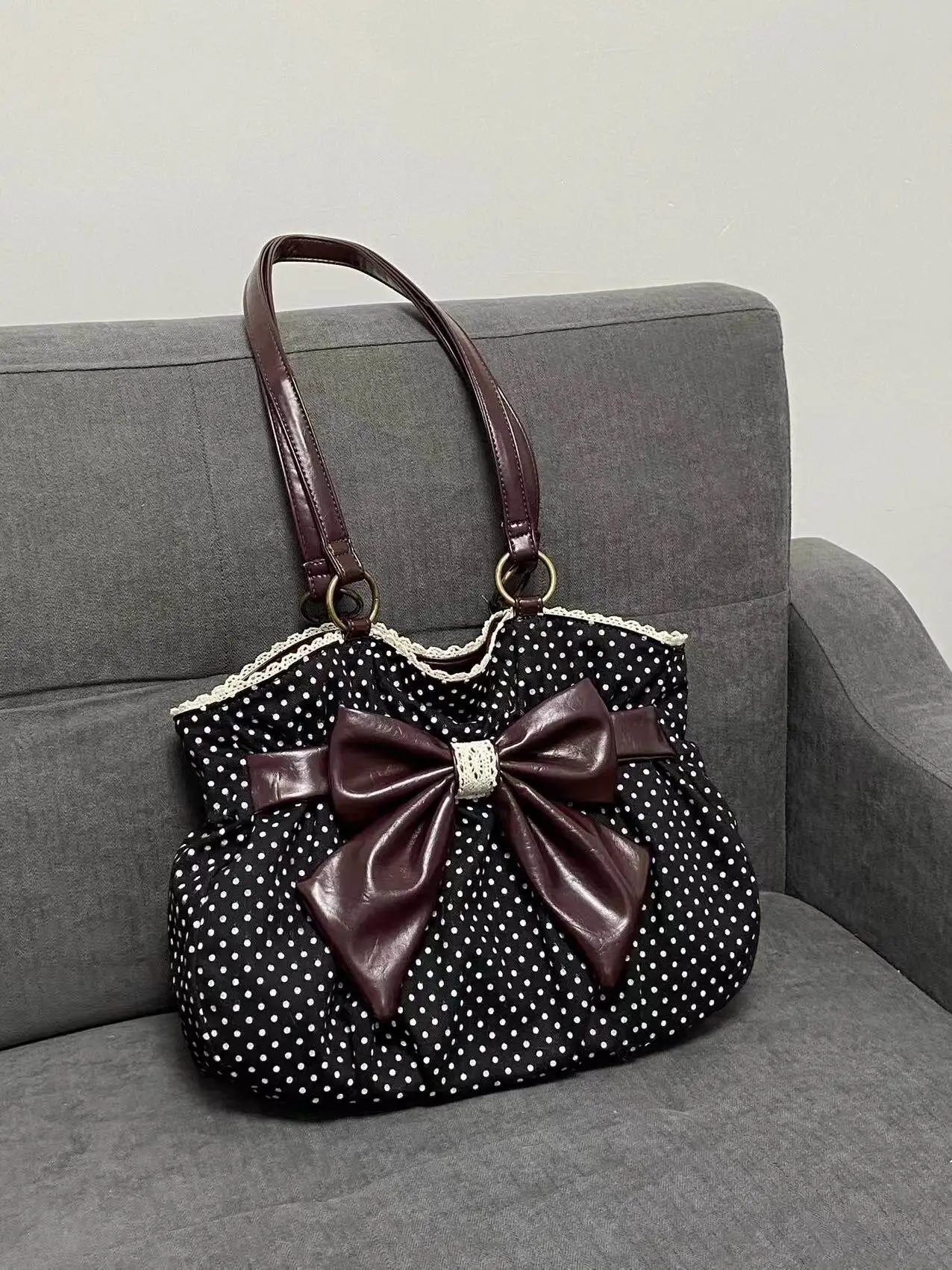 Women's Fashion Tote Bag Medieval Japanese Retro Sweet Bag Retro Vintage Polka Dot Bow Shoulder Bag