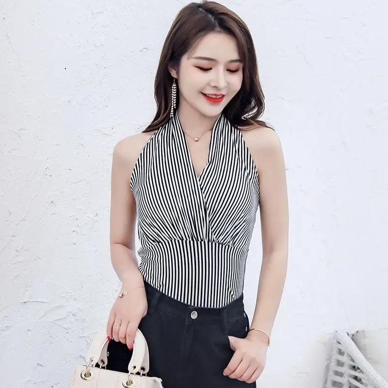 

Striped Sexy Backless T Shirts Summer New Printing Slim V Neck Off Shoulder Short Tanks Top Fashion Vintage Y2K Women Clothing