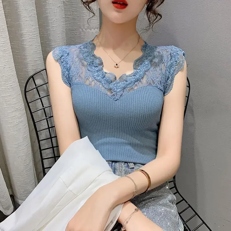 Summer New Korean Fashion V-neck Lace Patchwork Pullover Knit Sleeveless Women's Solid Perspective Sexy Ice Silk Sling Top