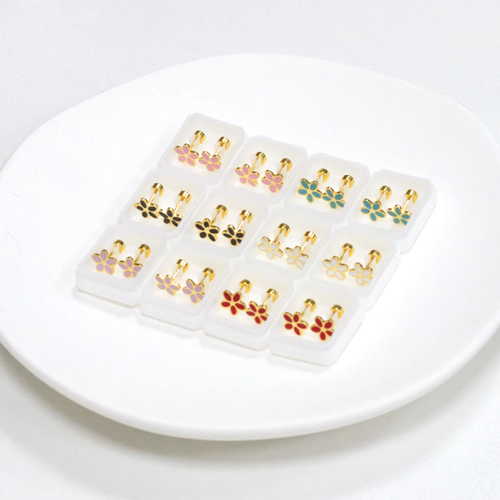 LUXUSTEEL 12 Pairs/Lot Stainless Steel Stud Earrings For Women Crystal CZ Flower Heart Colorful Cute Ear Jewelry Wholesale