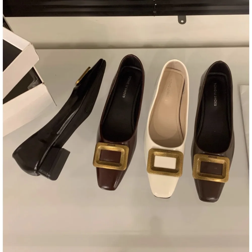 

Women Pumps Fashion Square Heel Sexy High Heels Wedding Shoes Ladies Round Toe Metal Buckle Party Chunky Shoes Zapatillas Mujer