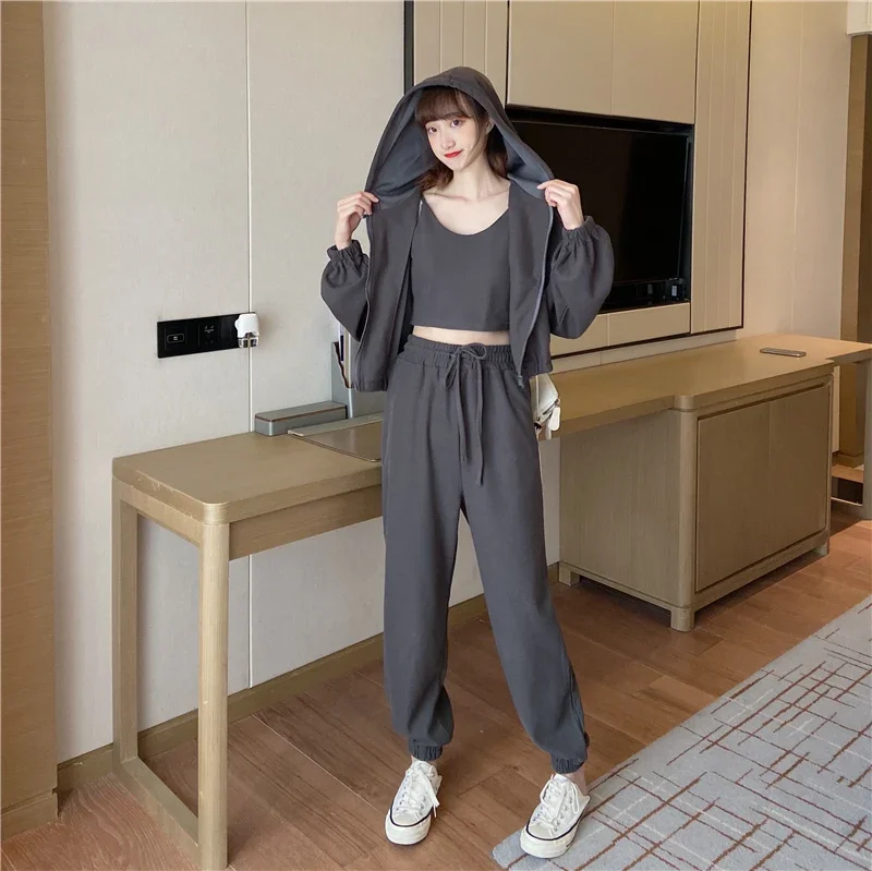 

Insozkdg Autumn New Hooded Cardigan Suspender Sports Pants Sets Casual Loose Zippered Hoodie Coat Vest Long Pant Three Piece Set