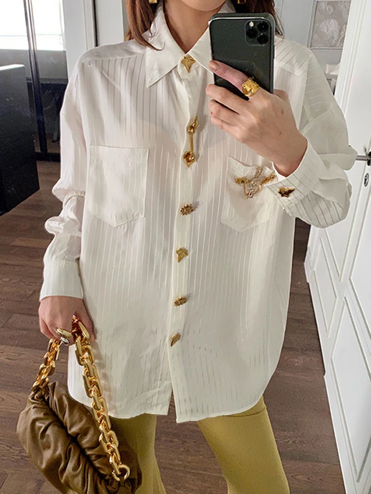 TWOTWINSTYLE Casual Plain Blouses For Women Lapel Long Sleeve Patchwork Diamonds Single Breasted Shirts Female 2022 Clothing New