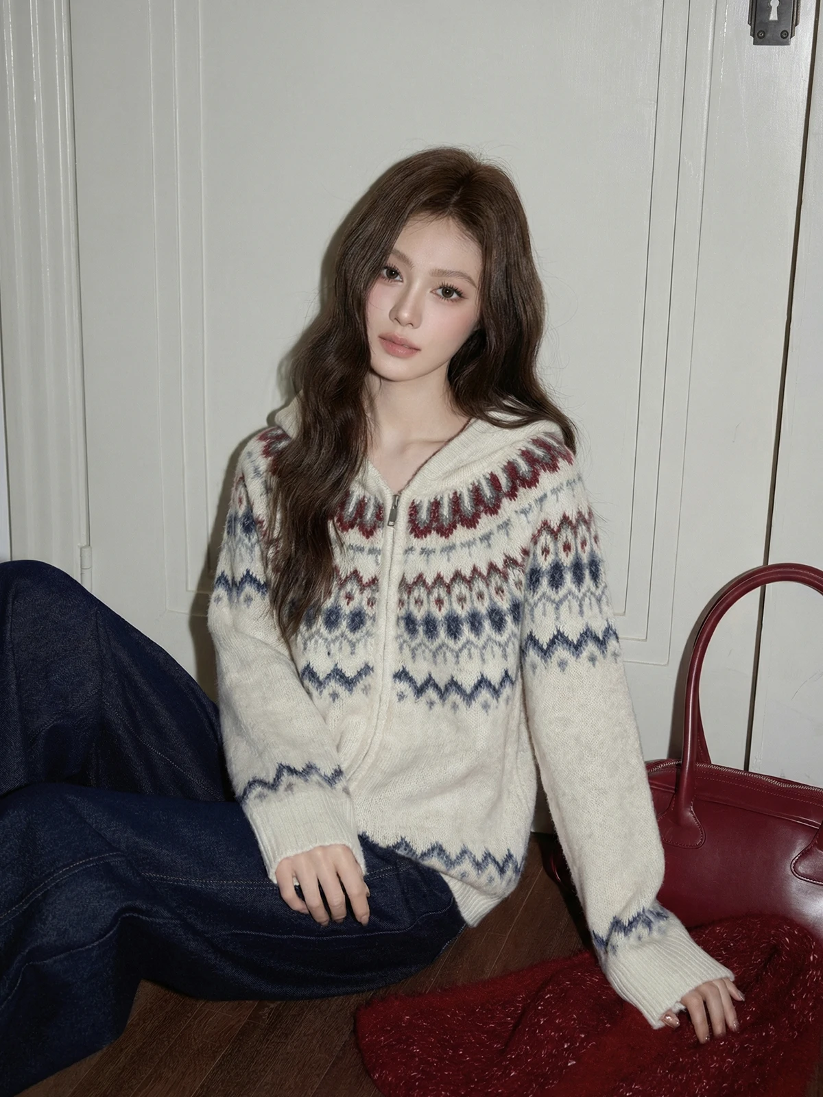 

Женский зимний мягкий уютный кардиган на молнии в стиле ретро с узором Fair Isle, свободный крой, длинный рукав, корейский стиль