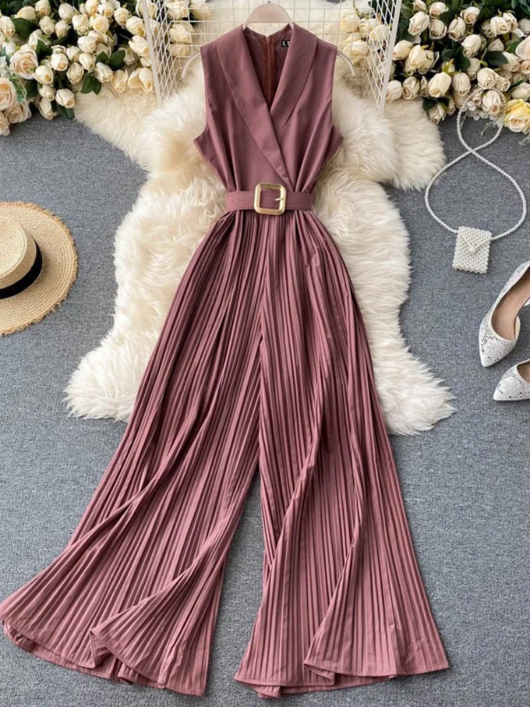 French Retro Jumpsuit Women High Waisted Pleated Flared Pants Wide Leg Playsuits Summer Sleeveless Lapel Casual Romper