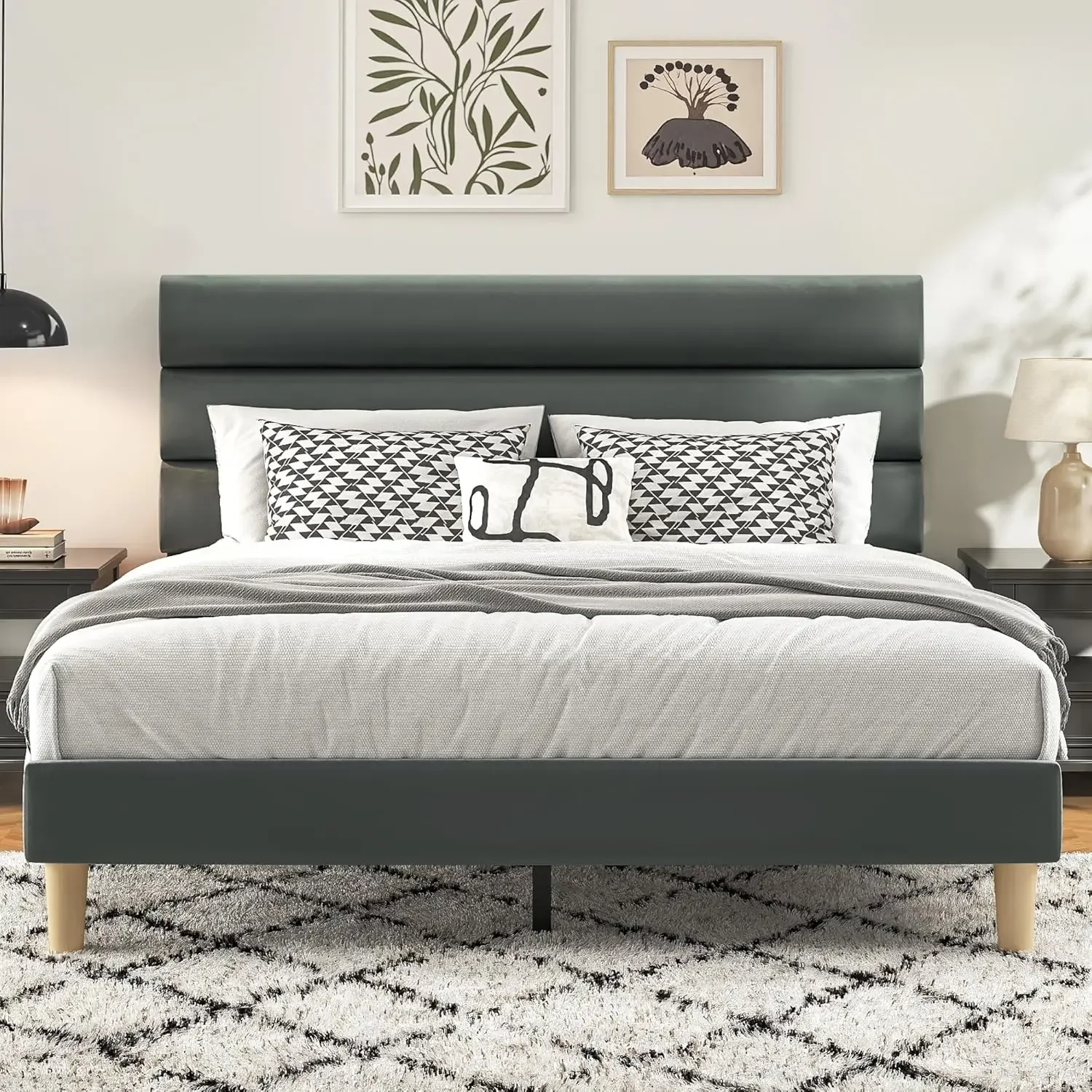 Sem necessidade de mola de caixa, estrutura de cama queen com suporte de metal resistente, estrutura de cama de plataforma com cabeceira estofada em veludo