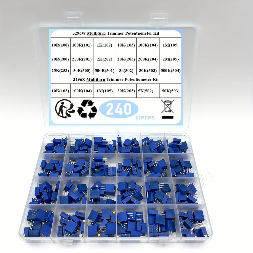 240Pcs 3296W 3296X (50R - 1M) 24 Values Multiturn Trimmer Potentiometer Kit High Precision 3296 Variable Resistor With Free Box