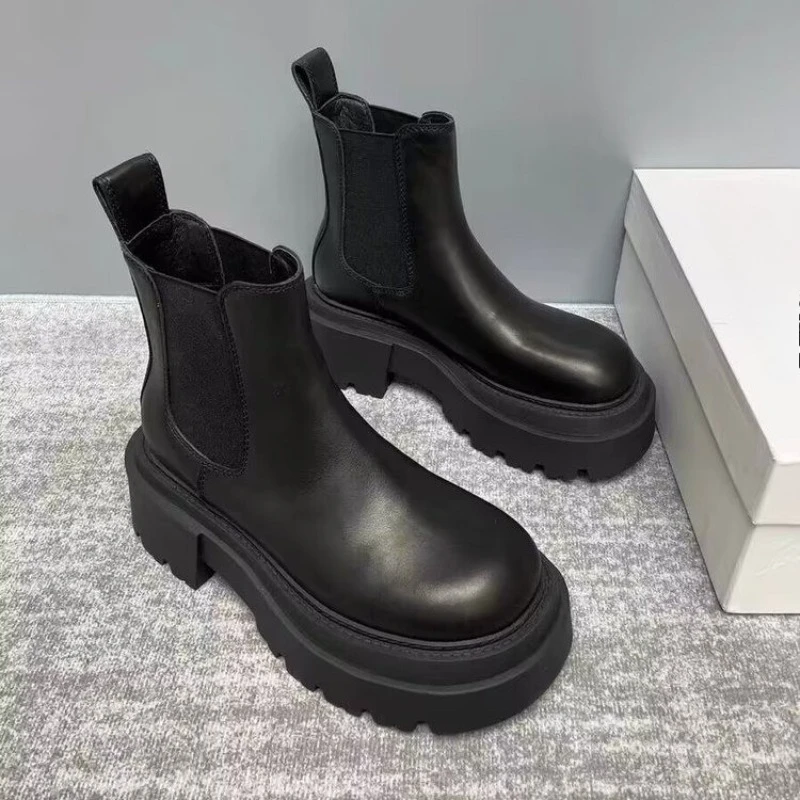 Botas clásicas de chimenea con plataforma para mujer, botines pequeños elevados Chelsea ingleses
