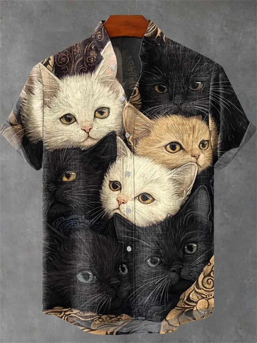 Men's shirt art 3D printing casual new linen shirt, kitten series shirt, comfortable and breathable fabric
