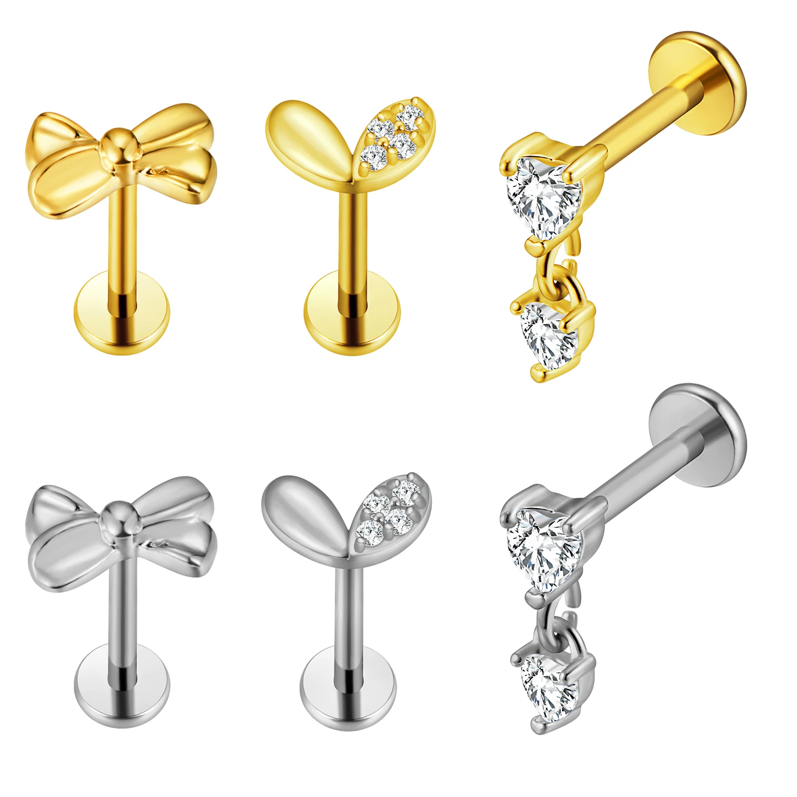 Heart pendant Labret Piercing Bowknot Internal thread 100% 316L Surgical Steel Cartilage Helix Flat Back Earring Stud