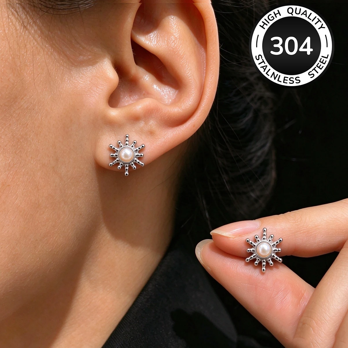 Tocona Classic Stainless Steel Sun Simulated Pearl Earrings Commuting Versatile Jewelry Women's Daily Vacation Accessories