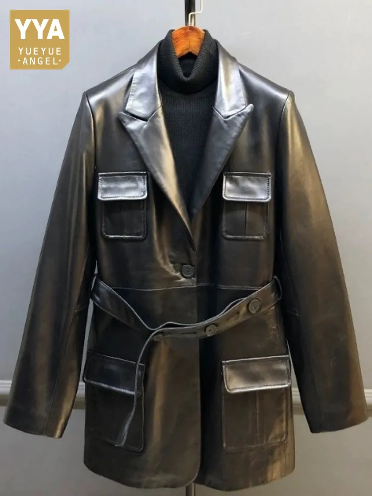 Office Ladies Suit Collar Solid Color Genuine Leather Jacket Slim Long Sleeves Sheepskin Pocket Button Belt Fashion Outerwear