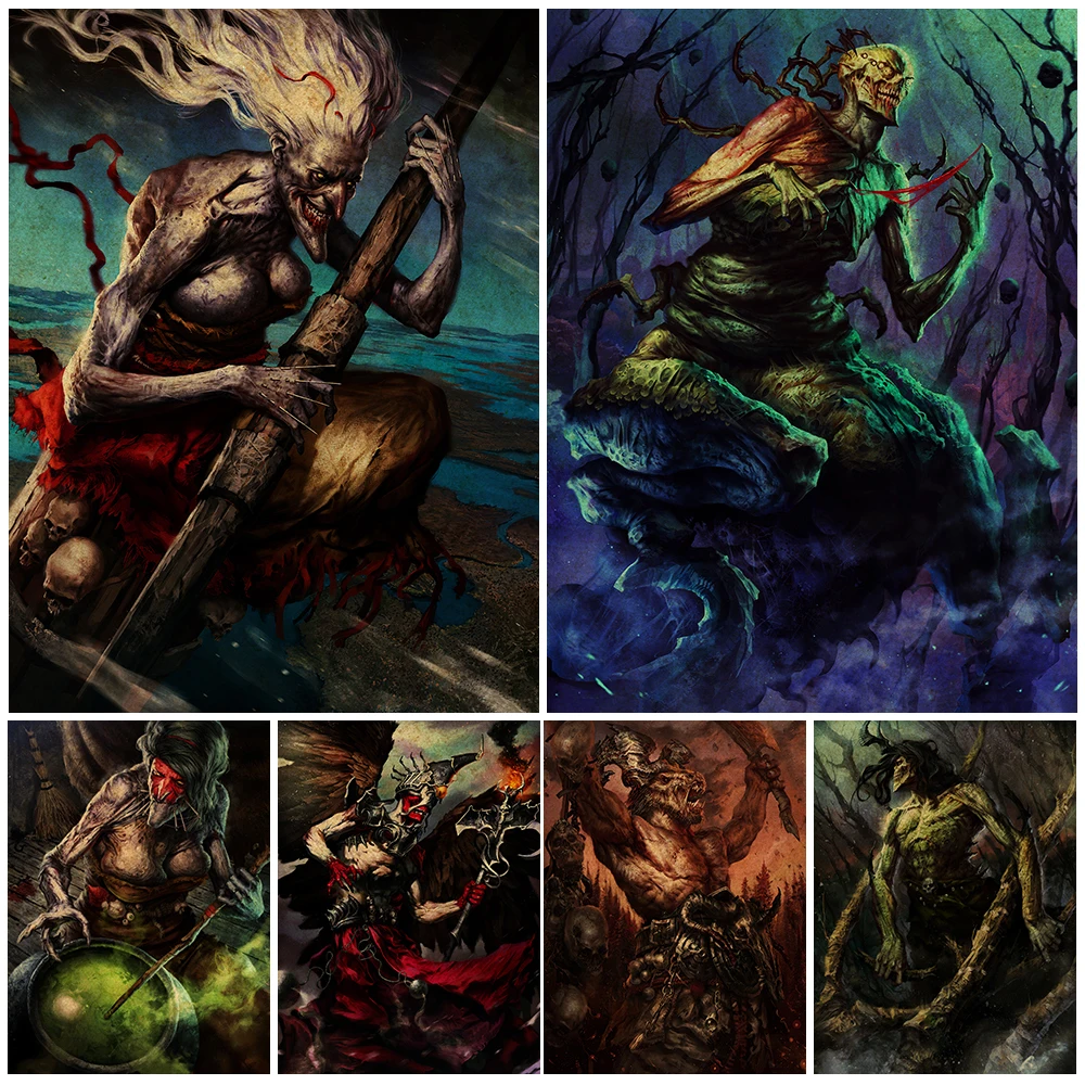 

Baba Yaga And King Witch Wall Art Canvas Painting Decoration Terror Sickle Demon And Tauren Vintage Poster And Prints Unframed