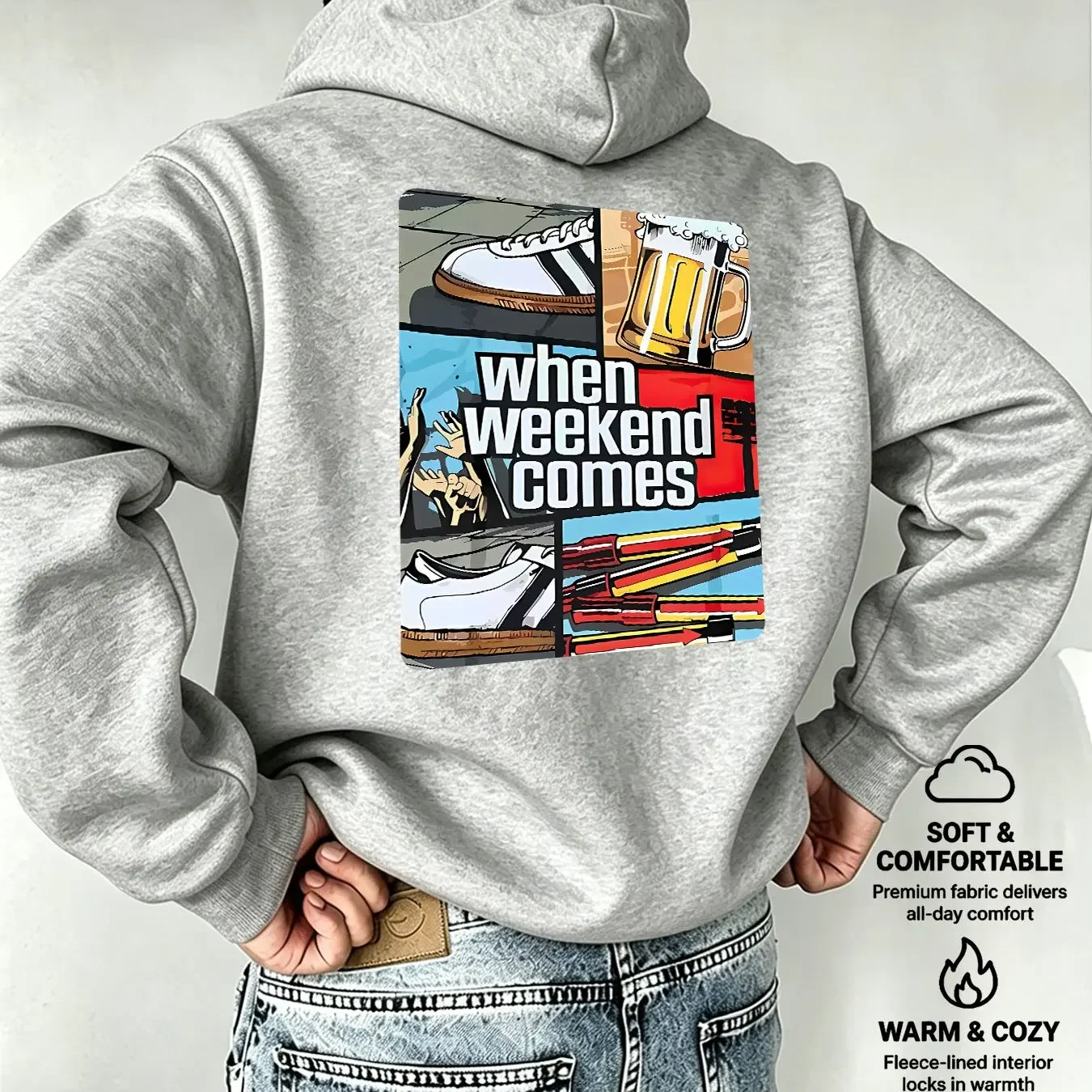 Men's When Weekend Comes Pop‑art Beer SneakerCollage Back‑Print Army Green Hoodie Casual Graphic Long‑Sleeve Pullover Sweatshirt