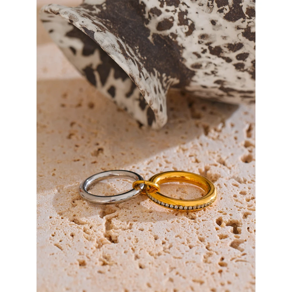 Yhpup Trendy Double Layered Round Stackable Ring for Women 316L Stainless Steel Inlaid Zirconia Charm Finger Jewelry 2025