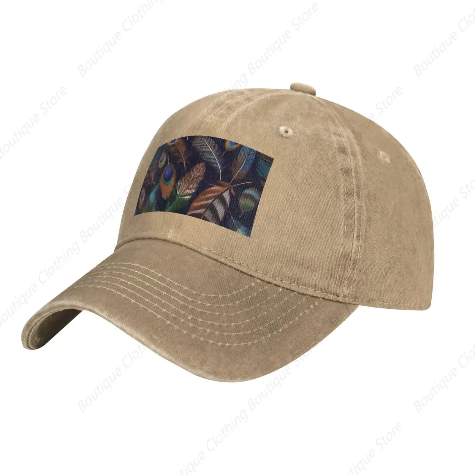 Peacock Feather Printed Unisex Cowboy Baseball Cap, Adjustable Size, Suitable for All Seasons. Natural