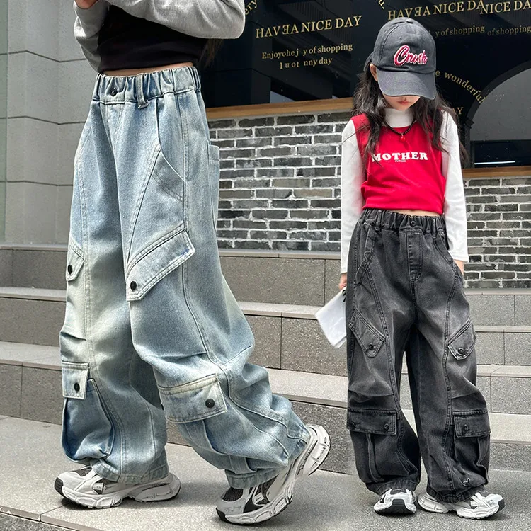 

spring 4-8 10 12 14 teen girls jeans junior kids multi-pocket denim cargo pants child Hip hop jazz street dance trousers clothes